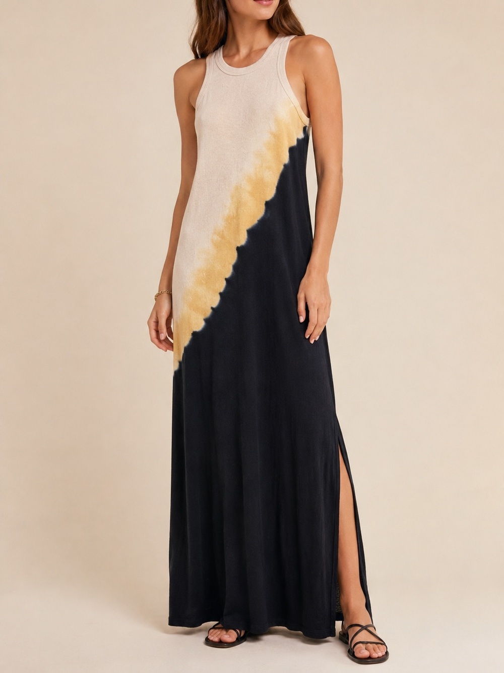Electric & Rose Black Cream Tie Dye Maxi Dress Sleeveless Ribbed Tank Boho XS